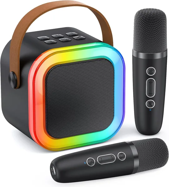 モノキ カラオケセット Bluetooth 5.3 スピーカー ワイヤレスマイク 2ピース カラオケ用 PAセット RGB LEDライト付き