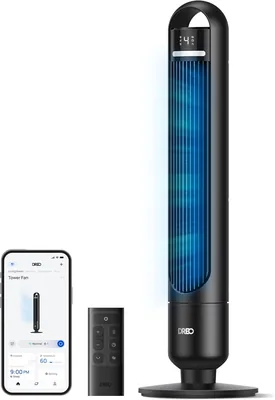 DREO Smart Tower Fan für Schlafzimmer - Leiser Standventilator mit 28 dB, Luftreichweite bis zu 8,8 m, 4 Stufen & 3 Modi, 8-Stunden-Timer, App, A