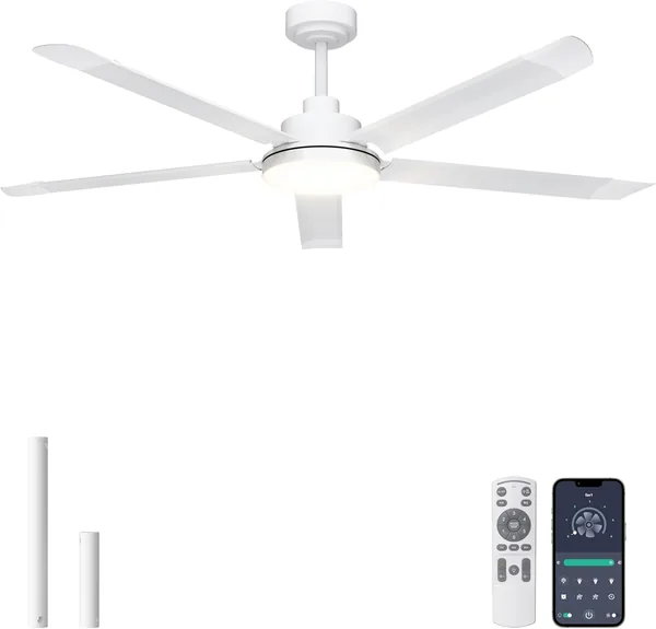 Ohniyou Ventilador de Techo Industrial de 60 pulgadas con Luz, Control Remoto/APP, 5 Lamas de Aluminio, Motor Silencioso DC