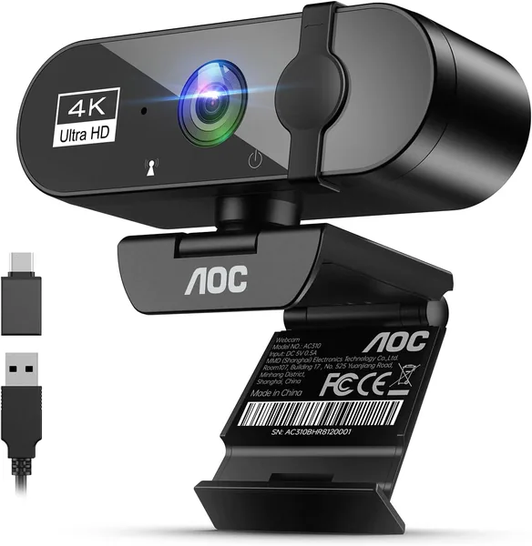 AOC Webkamera 4K Ultra HD mit Mikrofon und Linsenabdeckung, PC-Kamera Plug & Play, 99° Sichtfeld, Autofokus