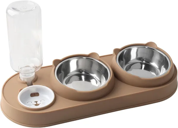 Cat Food & Water Bowl Set - Stainless Steel Double Feeder with Tilted Stand
