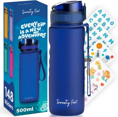 Sweety Fox Kinder Karbonierte Trinkflasche, 500 ml, Blau, Sportwasserflasche, 100% Undicht & Spülmaschinenfest