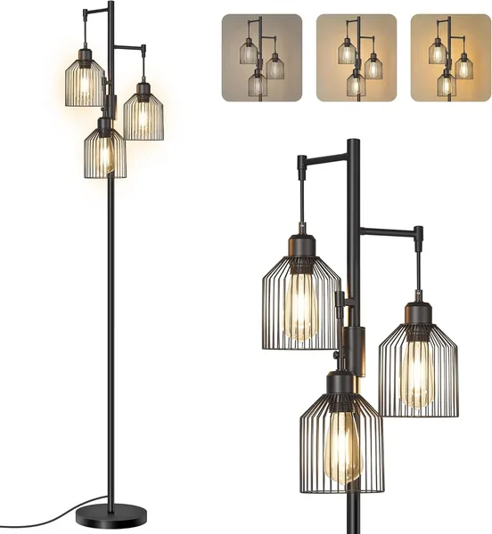 VASAGLE Floor Lamp, with 3 Bulbs, Adjustable Brightness, Metal Shade, 3 E27 Sockets, Black