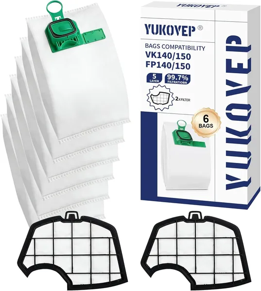 YUKOVEP Kit of 6 Kobold Bags VK140 and VK150, Compatible Spare Parts fp 140-150