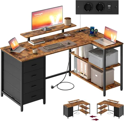 Bureau coin VASAGLE L, prises intégrées, bureau informatique, configuration reversible, étagères réglables, 4 tiroirs, 2 USB - Meilleure Offre