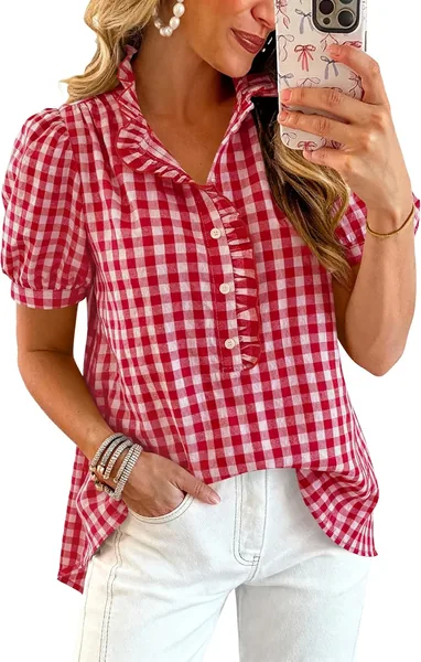 MASCOMODA Womens Puff Short Sleeve Summer Tops Striped Plaid Ruffle V Neck Button Down Shirts Business Casual Work Blouses