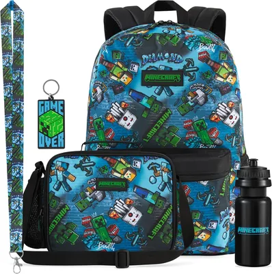 Obtenez la Trendy Minecraft 3 ou 5 Pièces Sac à Dos pour Garçons avec Sac Isotherme, Étui à Crayons, Sac de Voyage, Vacances et