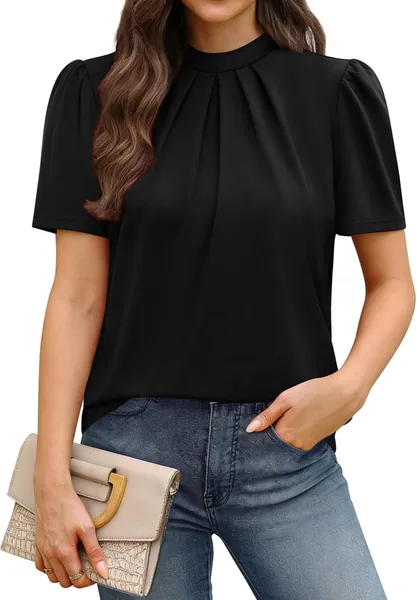 WIHOLL Womens Tops Short Puff Sleeve Shirts Mock Neck Pleated Spring Blouses