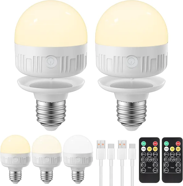 LGMCF E27 Rechargeable Light Bulb with Remote Control, 8 W Dimmable Battery Bulb with Timing Function, 3 Colours LED Bulb for Non-Wired Lamps, Emergency Light with Magnetic, Pack of