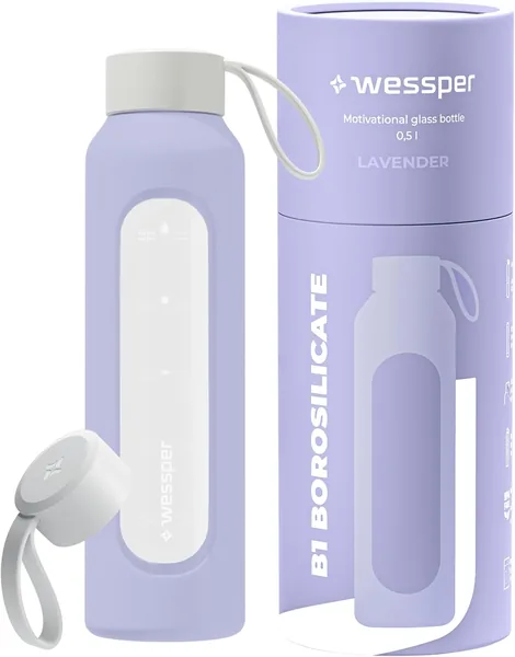 Wessper Glass Water Bottle, 500ml Motivational Bottle with Hydration Scale