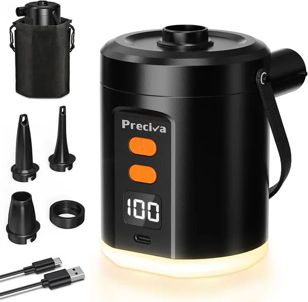 Preciva Electric Air Pump with 3 Nozzles,Inflatable Mattress Inflator 5000mah,Fast Inflation/Deflation,Electric Air Pump with Portable Camping Light for Swimming, Camping