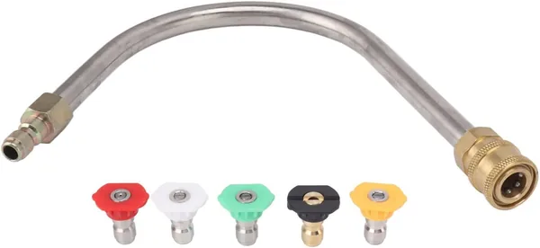 Pressure Washer Extension Wand, Stainless Steel Brass 45 Degree Curved Rod 4000psi 1/4 Inch Quick Connect, with Nozzle Tips for Car Rims Roof Gutters (U Shaped with 5 Nozzles)