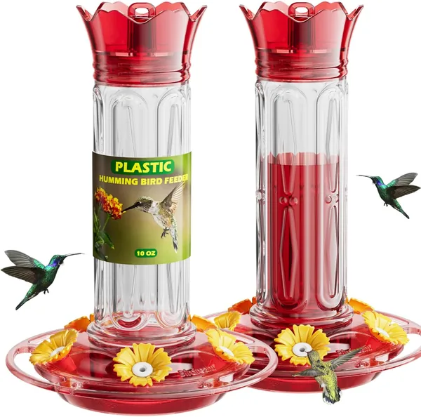 Birdream Hummingbird Feeders for Outdoors, 2 Pack-20oz Plastic Hummingbird Feeder with 5 Bee Guard Feeding Ports & Cleaning Brush, Leak Proof, Built-in Ant Moat, Red