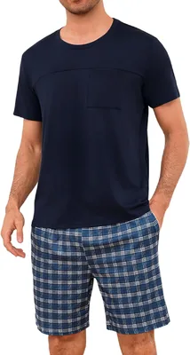 Leversic Homme Pyjama Été 2 Pièces en Coton avec T-shirt à Manches Courtes Rayé et Shorts à Poches - 29% de Réduction
