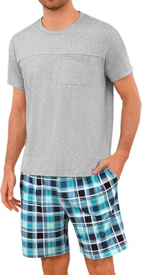 Leversic Homme Pyjama Été 2 Pièces en Coton avec T-shirt à Manches Courtes et Shorts à Poches - Meilleur Prix