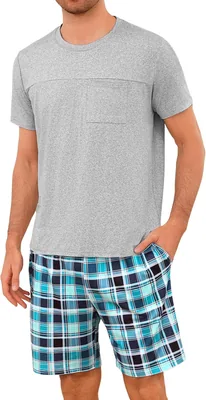 Leversic Homme Pyjama Été 2 Pièces en Coton avec T-shirt à Manches Courtes Rayé et Shorts Pockets - 8% de Réduction