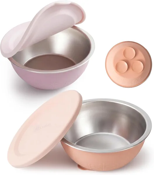 Moonkie Stainless Steel Baby Bowls with Silicone Lids and Suction Base | Seamless Design | BPA Free | 13oz | Dishwasher Safe | Essential for Learning to Eat