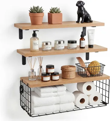 OSLIFE Repisas Flotantes De Pared para Baño, Organizador con Cesta de Alambre, Oferta del 8% de Descuento