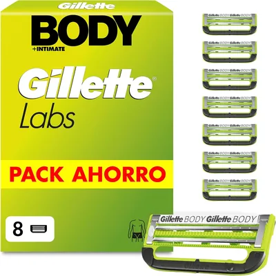 Gillette Labs Body + Intim Men's Blades, 8 Unidades | Refill de 2 Hojas, Banda Lubricante, Anti-Encrustación