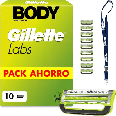Gillette Labs Body + Intimate Lames de Afeitar para Hombres, Paq. de 10 | Ref. 2 Hojas, Banda Lubricante, Prevención de Encrustación de Pelos