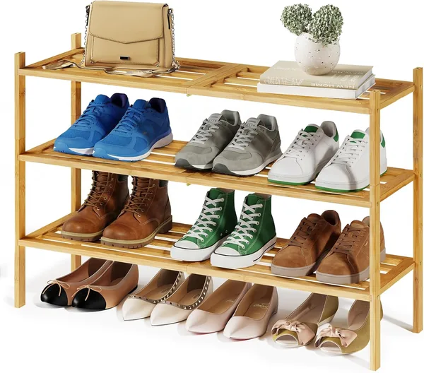 SONGMICS Bamboo Shoe Rack 3 Levels Stackable Narrow Shelf