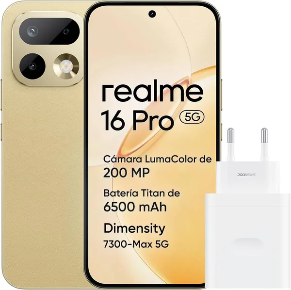 Realme 16 Pro 5G Smartphone, 8GB+256GB, Pantalla AMOLED de 6.78" a 144Hz, Batería de 6500mAh, Cámara OIS de 200MP, IP69K, Carga Rápida 45 - 37% de Descuento