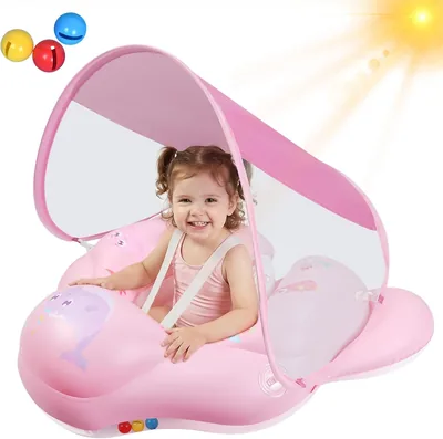 Bouie de baignade Oziral pour bébé avec pare-soleil amovible UPF50+ et cloche bouée arrière avec deux sacs gonflables, sûre et confortable