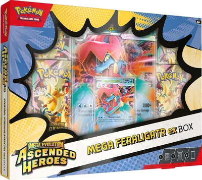 Pokémon TCG: Mega Evolución - Héroes Ascendidos Mega Feraligatr ex Caja (1 Carta Foil Promocional, 1 Tarjeta Oversize Lenticular & 4 Boosters)