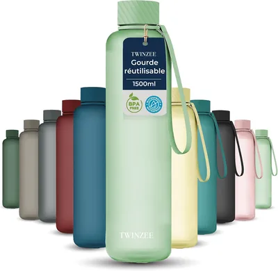 Bouteille d'eau Twinzee 1.5L - Étanche et sans BPA pour le sport, l'école et le bureau - 1.5 litre, lavable au lave-vaisselle - Lumière