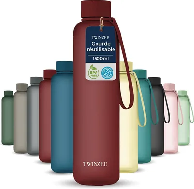 Bouteille d'eau Twinzee 1.5L Tritan - Étanche et sans BPA pour le sport, l'école et le bureau - 1.5 litre lavable au lave-vaisselle - Rouge