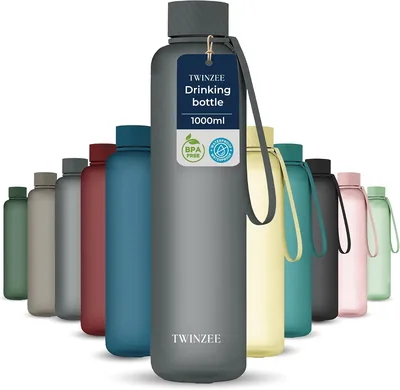 Twinzee 1L Vattfles - Lekkplastig och BPA fri för sport, skola & kontor - 1 Liter Sportfles, Dishwasher Safe - Djup