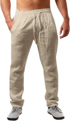 Pantalon de lin homme Runcati à couleur solide, long et léger, ajustement décontracté avec élastique à la taille - Vacances à la plage ou usage quotidien