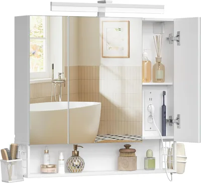 VASAGLE DACEY BBK146WB01: Specchio per Bagno con Luci, 3 Ante e Presa, 80x16.5x75 cm, Bianco, Scontato del 10%