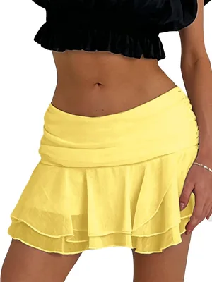 RAMOUG Ruffle Skirt for Women Mesh Sheer Ruched Low Waist Y2K Mini Skirts | Low Waist Short Skirt Ti