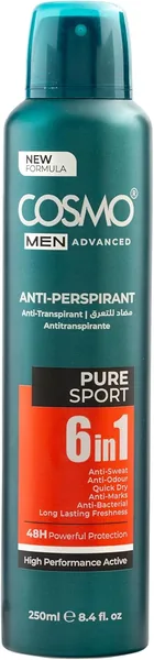 Cosmo Pure Sport Antiperspirant Spray 6 in 1, 48 Hour Protection 250ml