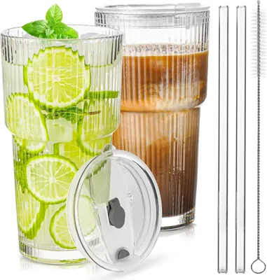 KUOGAS 2x 600ml Stripad Glasmuger med Lider och Strumpar - 5% Off