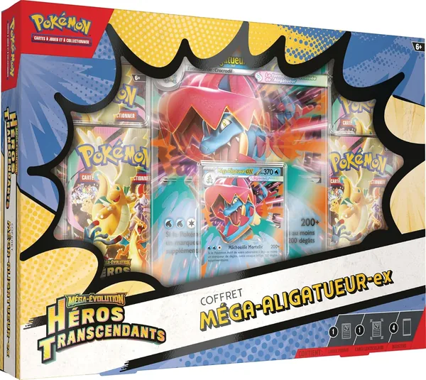 Boîte Pokémon : Mega Évolution - Héros Transcendants - Mega Aligatueur-ex (1 carte promo brillante, 1 grande carte lenticulaire et 4 B