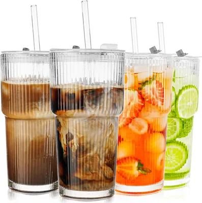 KUOGAS 4st 600ml Flutade Gläser med Skorpar och Strumpar, Dickmålat Ribbad Kaffeglas, Airtigt Vätterfritt Smoothie Glas - 5% Rabatt