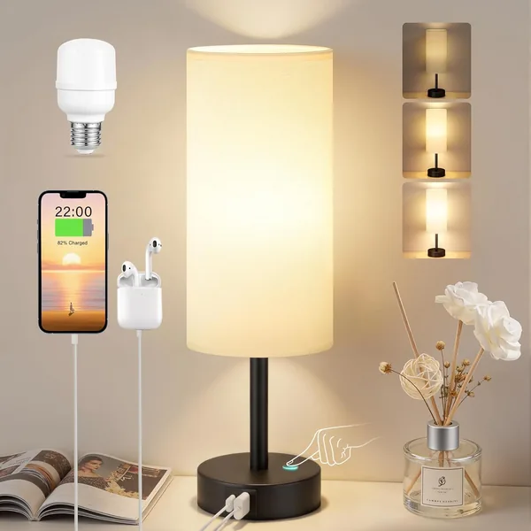 PreeOtti Bedside Lamp Touch Dimmable Table Lamp with USB A+C Charging Function, Linen Fabric Lampshade, Touch Lamp for Bedside Table, Living Room, Bedroom, Children's Room, Office