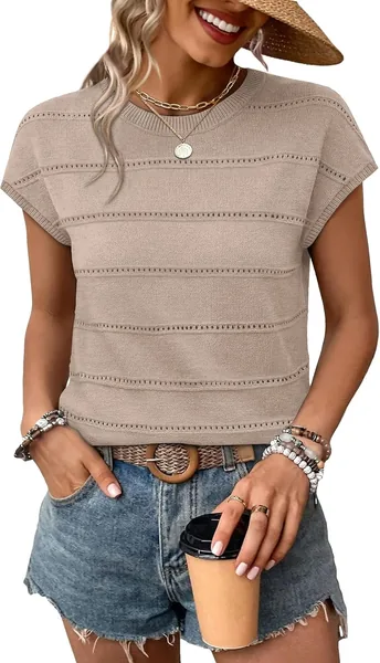 WIHOLL Womens Lightweight Sweater Spring Summer Outfits Cap Sleeve Hollow Out Knit Fashion Clothing Resort Wear