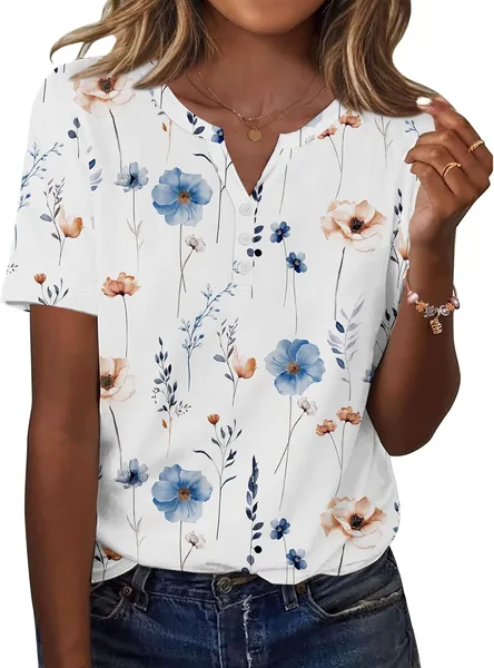 T-shirts femme Zeagoo à col V manche courte été haut décontracté tuniques Henley boutonnées S-XXL