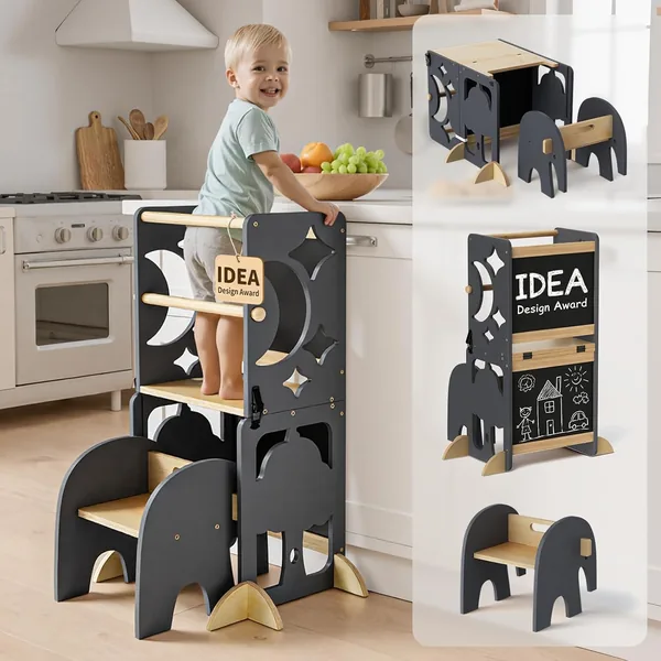COSYLAND 4-in-1 Toddler Kitchen Step Stool, Foldable Learning Helper Standing Tower with Blackboard