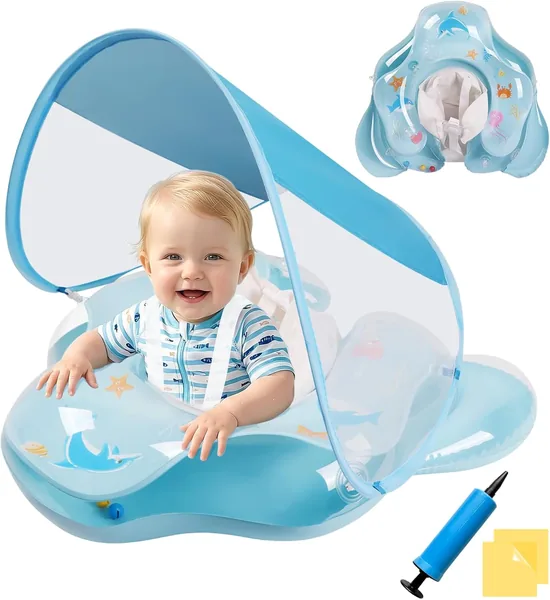 Ninonly Baby Float with UV Umbrella UPF 50+ Inflatable Baby Float Sun Protection Anti-roll Baby Pool with Seat and Backrest for Children 12-36 Months
