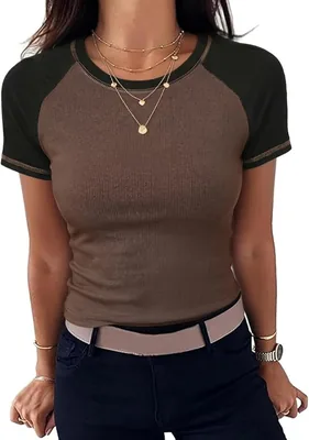 T-shirt Damski Litherday, elegancki, okrągły dekolt, dopasowany, prążkowany, krótki rękaw, Y2K