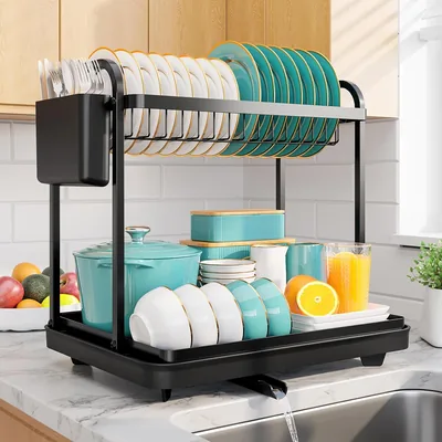 Sakugi 2-Tier Dish Drying Rack, Stainless Steel, Black | Kitchen Counter, Cutlery Holder, Utensil Ho