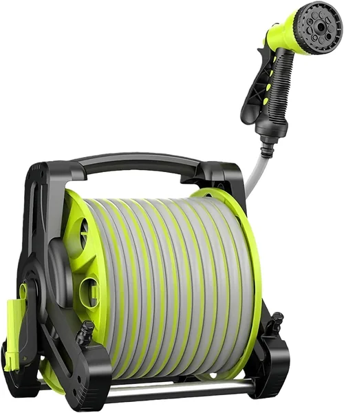 BOOM Retractable Garden Hose Reel 30M (100ft), Wall Mounted Water Hose Reel with Manual Crank & 8-Pattern Spray Gun