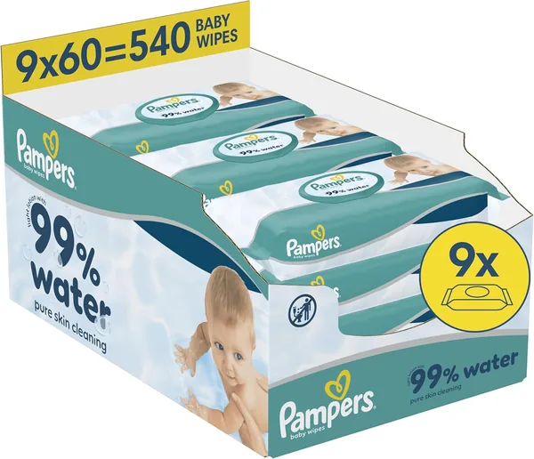Pampers 99% d'eau Baby Wipes - 9 paquets de 60 lingettes = 540 lingettes, lotion douce à 99% d'eau - 30% de réduction