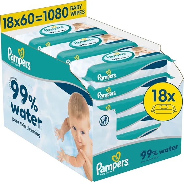 Pampers 99% Water Baby Wipes 18 Packs of 60