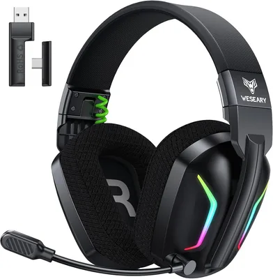 WESEARY Kabellose Gaming Kopfhörer mit Mikrofon für PS5 PS4 PC Switch Mobiltelefon | 2,4GHz (USB & Typ-C) & Bluetooth, 60Hz