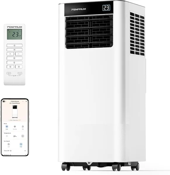 Temprium Mobile Air Conditioner 9000BTU 2.6 kW mit Abzugsschlauch, 3-in-1 Mobilair conditioner, Fensterverschluss + App und Fernsteuerung, leise Betrieb <48 dB, 24-Stunden Timer